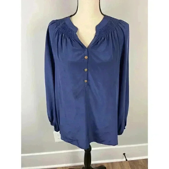 Lilly Pulitzer Women's 100% Silk Blouse Navy Blue Long Sleeve Cinched Detail M - Picture 1 of 12